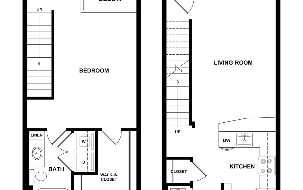 1 bdrm TH Elite - 1 bedroom floorplan layout with 1 bath and 886 square feet. (2D)