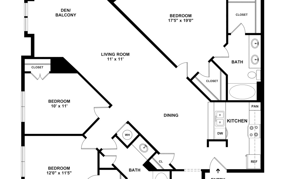 Piedmont - 3 bedroom floorplan layout with 2 baths and 1326 to 1527 square feet. (2D)