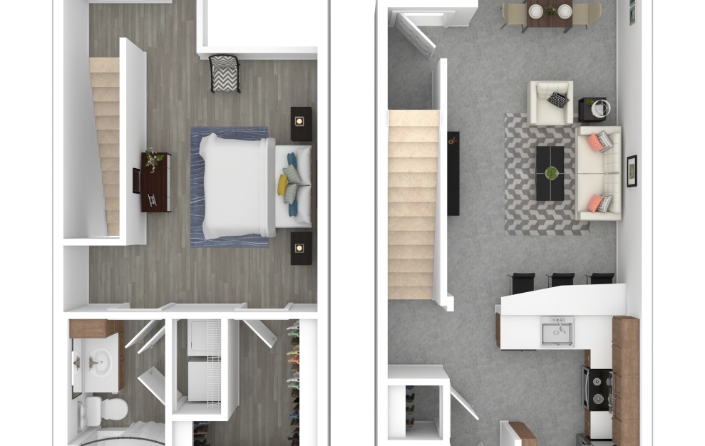 1 bdrm TH Elite - 1 bedroom floorplan layout with 1 bath and 886 square feet. (3D)