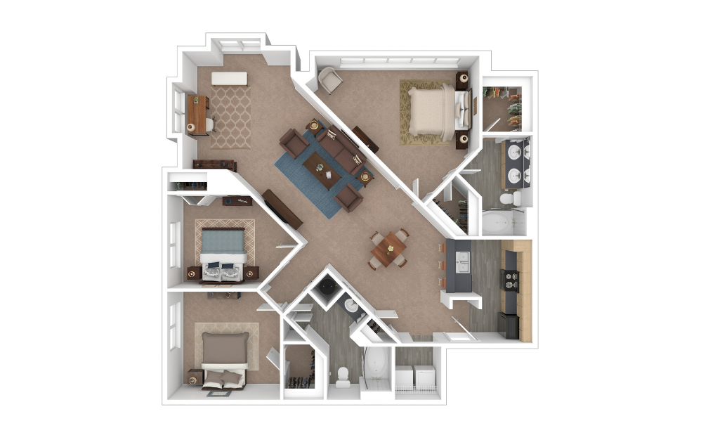 Piedmont - 3 bedroom floorplan layout with 2 bathrooms and 1326 - 1527 square feet (3D) Piedmont - 3 bedroom floorplan layout with 2 bathrooms and 1326 - 1527 square feet (3D)